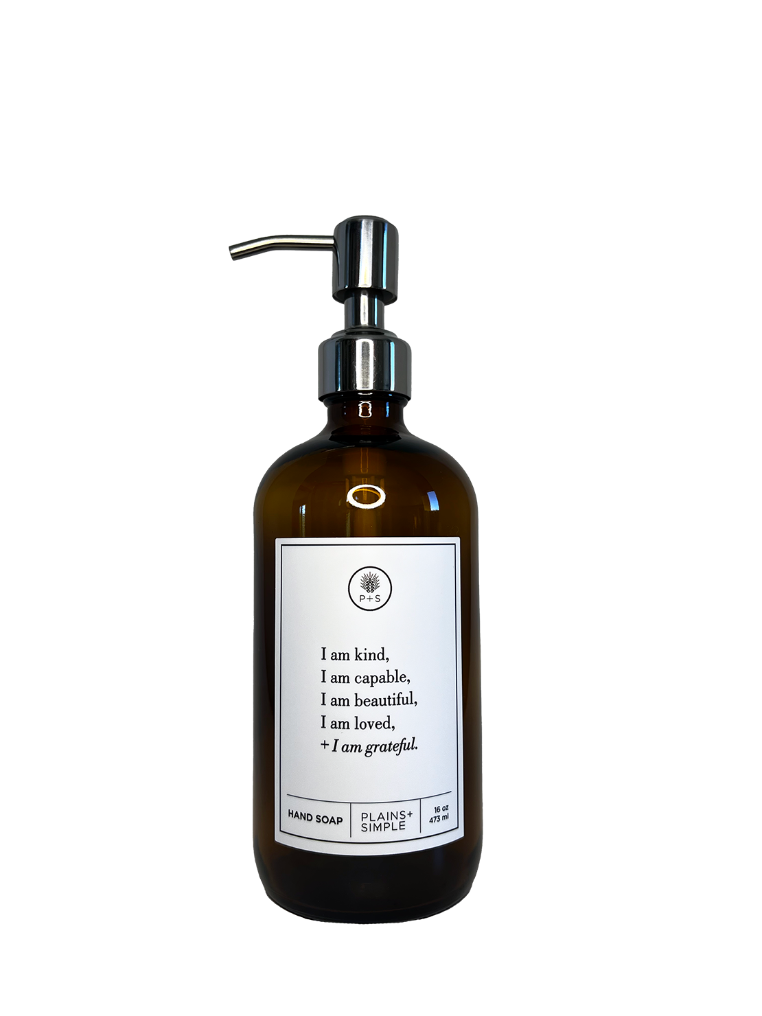 Amber glass I am Kind hand soap  Gratitude Bottle with silver pump.