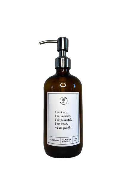 Amber glass I am Kind hand soap  Gratitude Bottle with silver pump.
