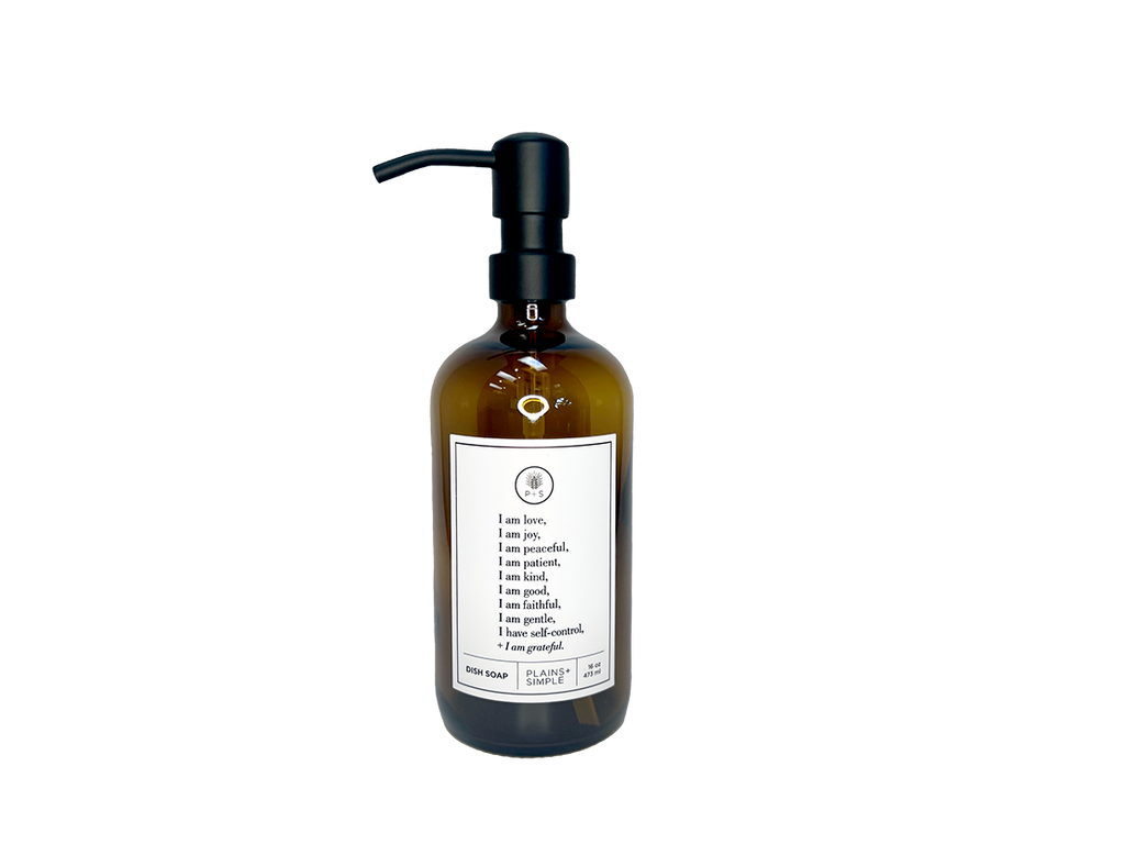 Amber glass Fruits of the Spirit dish soap Gratitude Bottle with black pump.