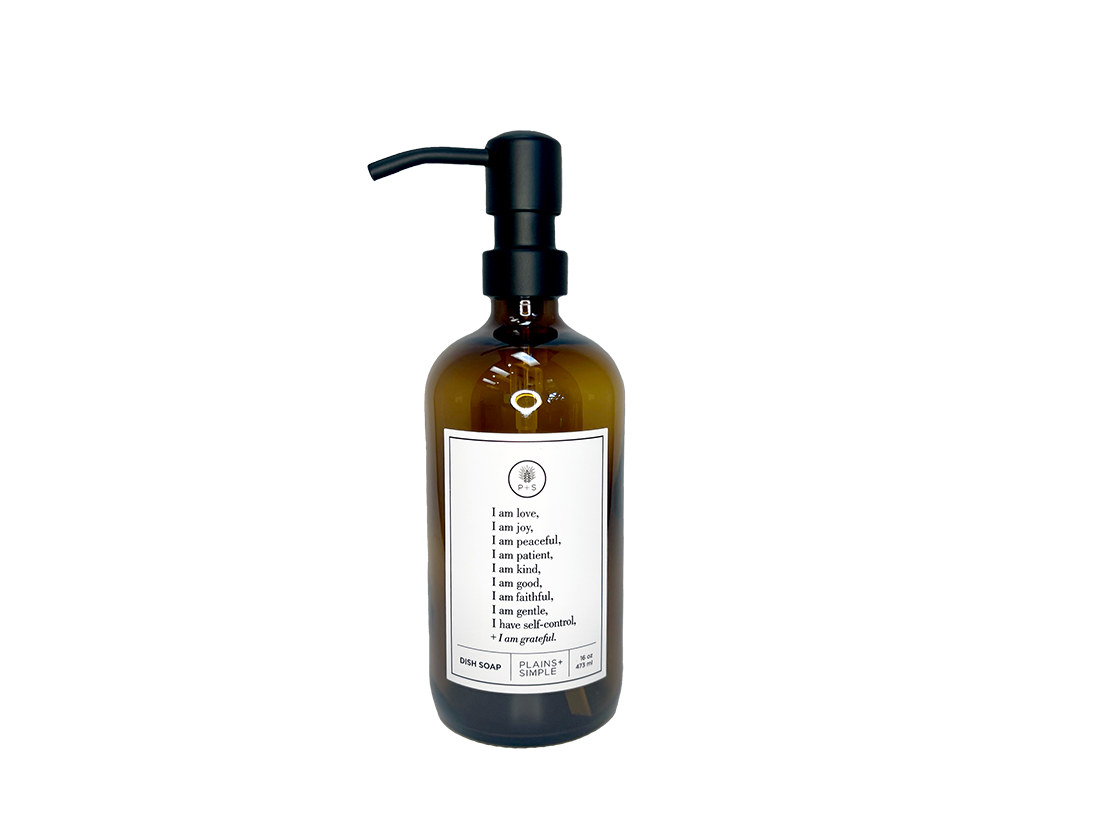 Amber glass Fruits of the Spirit dish soap Gratitude Bottle with black pump.