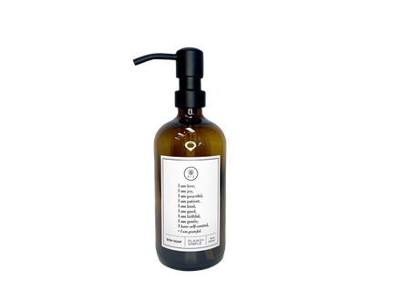 Amber glass Fruits of the Spirit dish soap Gratitude Bottle with black pump.
