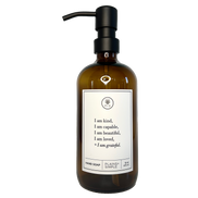 Amber glass I am Kind hand soap  Gratitude Bottle with black pump.