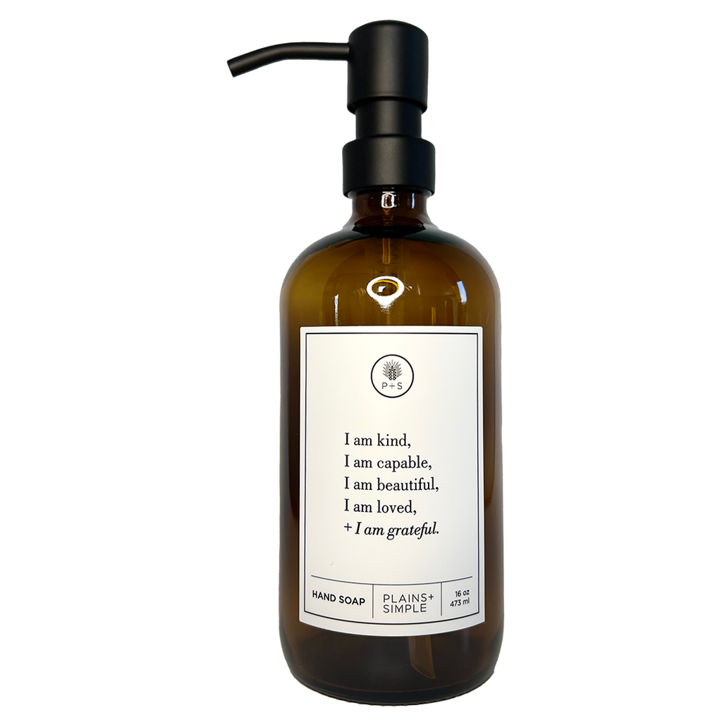 Amber glass I am Kind hand soap  Gratitude Bottle with black pump.