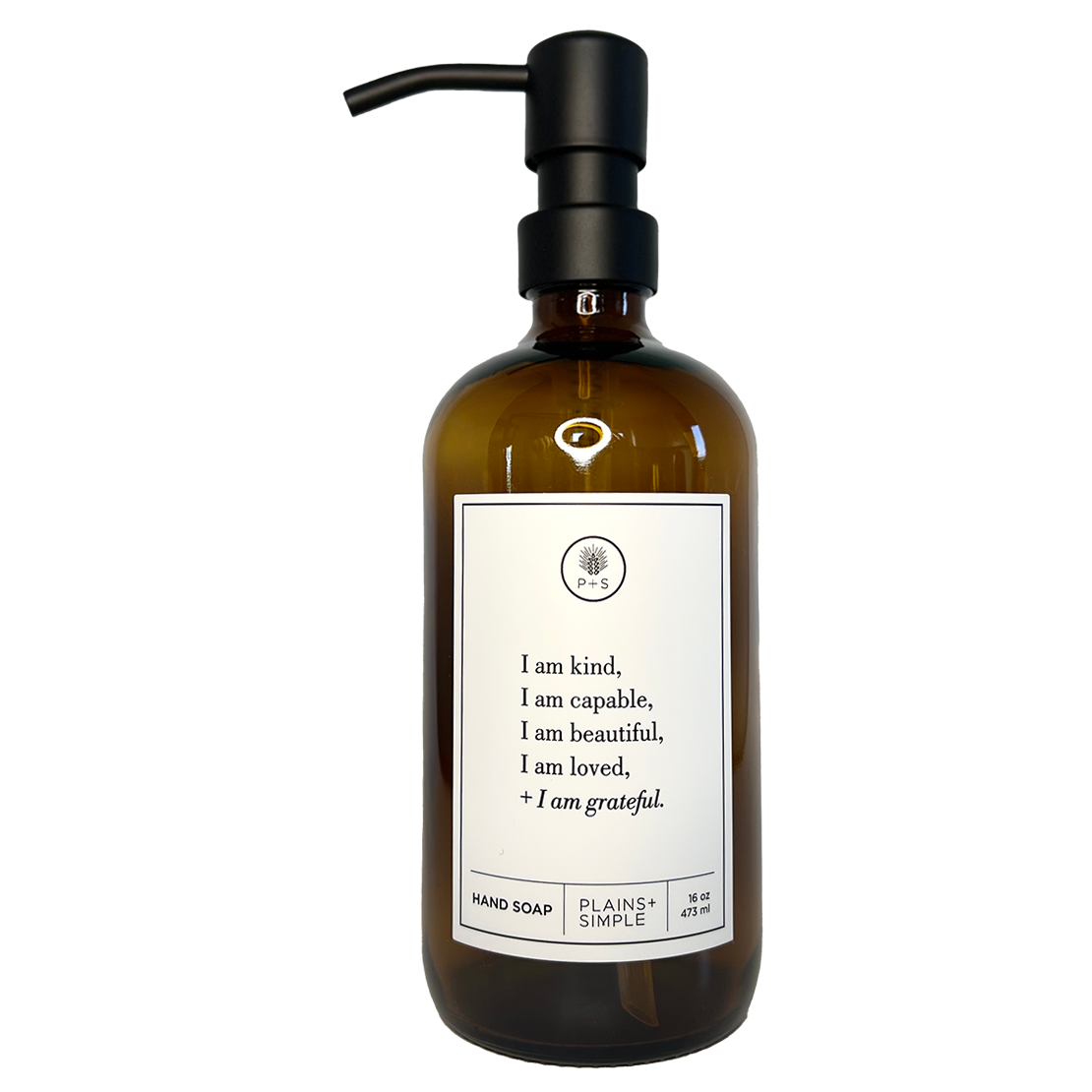 Amber glass I am Kind hand soap  Gratitude Bottle with black pump.