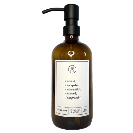 Amber glass I am Kind hand soap  Gratitude Bottle with black pump.