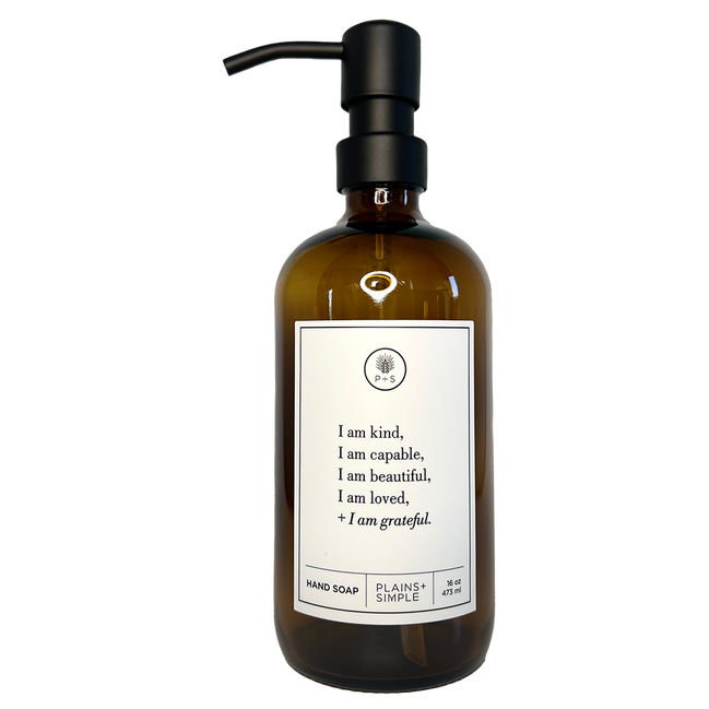 Amber glass I am Kind hand soap  Gratitude Bottle with black pump.