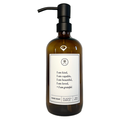 Amber glass I am Kind hand soap  Gratitude Bottle with black pump.