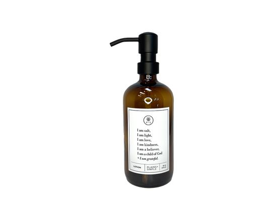 Amber glass I am Salt & Light lotion Gratitude Bottle with black pump.