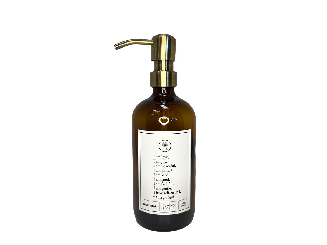 Amber glass Fruits of the Spirit dish soap Gratitude Bottle with gold pump.