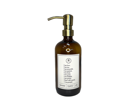 Amber glass Fruits of the Spirit dish soap Gratitude Bottle with gold pump.