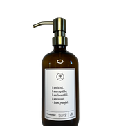 Amber glass I am Kind hand soap  Gratitude Bottle with gold pump.