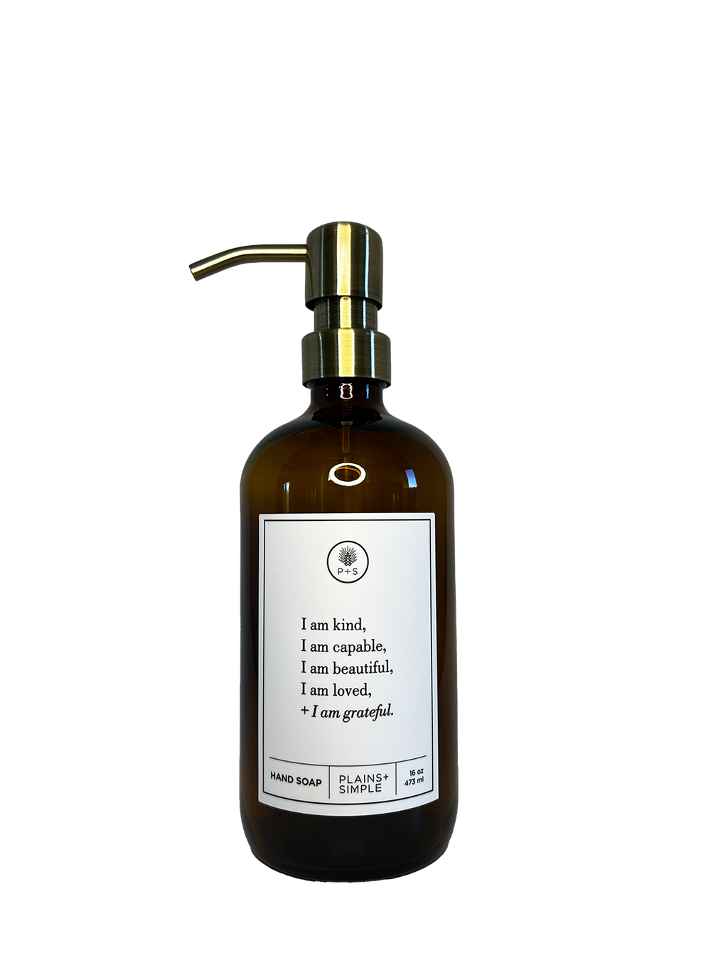 Amber glass I am Kind hand soap  Gratitude Bottle with gold pump.