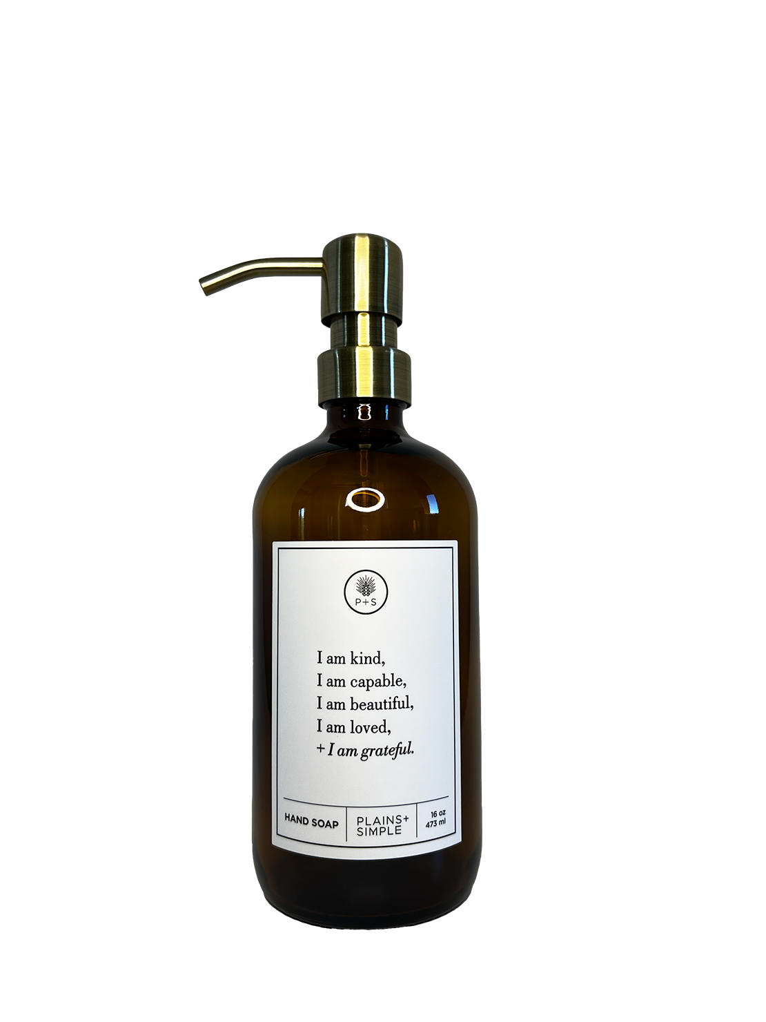 Amber glass I am Kind hand soap  Gratitude Bottle with gold pump.