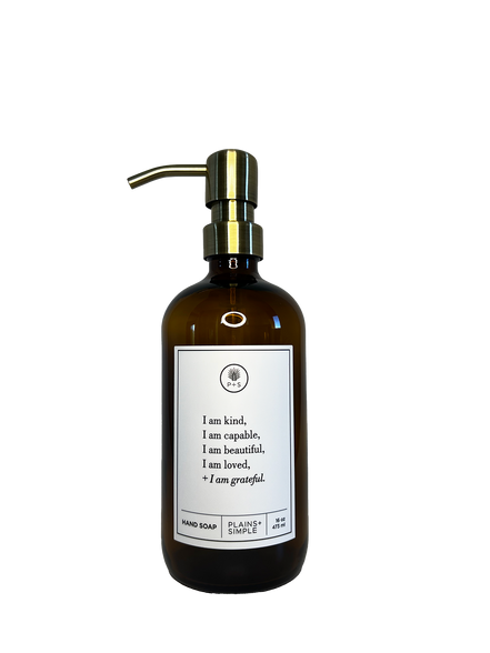 Amber glass I am Kind hand soap  Gratitude Bottle with gold pump.