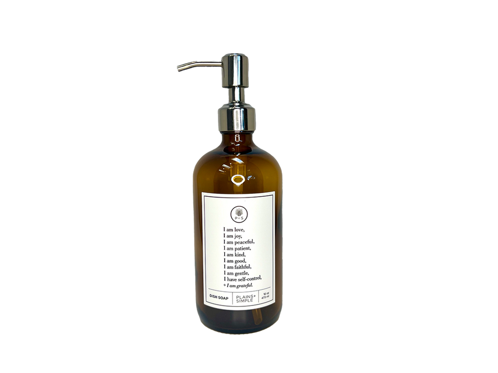 Amber glass Fruits of the Spirit dish soap Gratitude Bottle with silver pump.