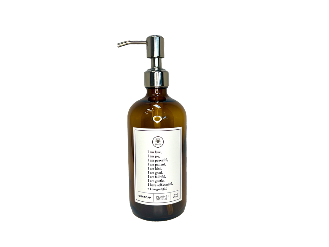 Amber glass Fruits of the Spirit dish soap Gratitude Bottle with silver pump.