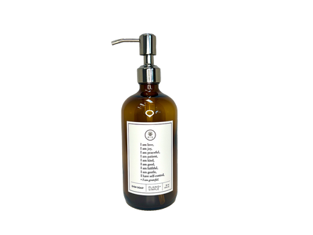 Amber glass Fruits of the Spirit dish soap Gratitude Bottle with silver pump.