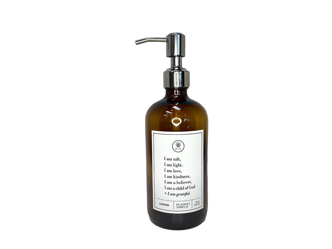 Amber glass I am Salt & Light lotion Gratitude Bottle with silver pump.