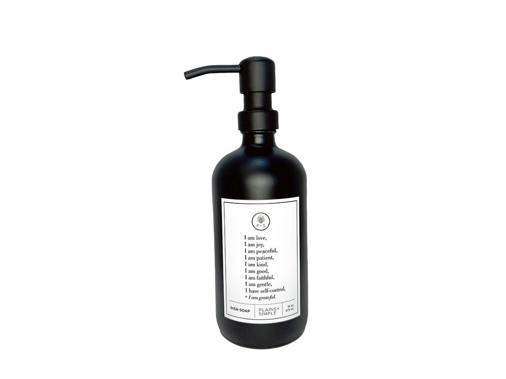 Black glass Fruits of the Spirit dish soap Gratitude Bottle with black pump.