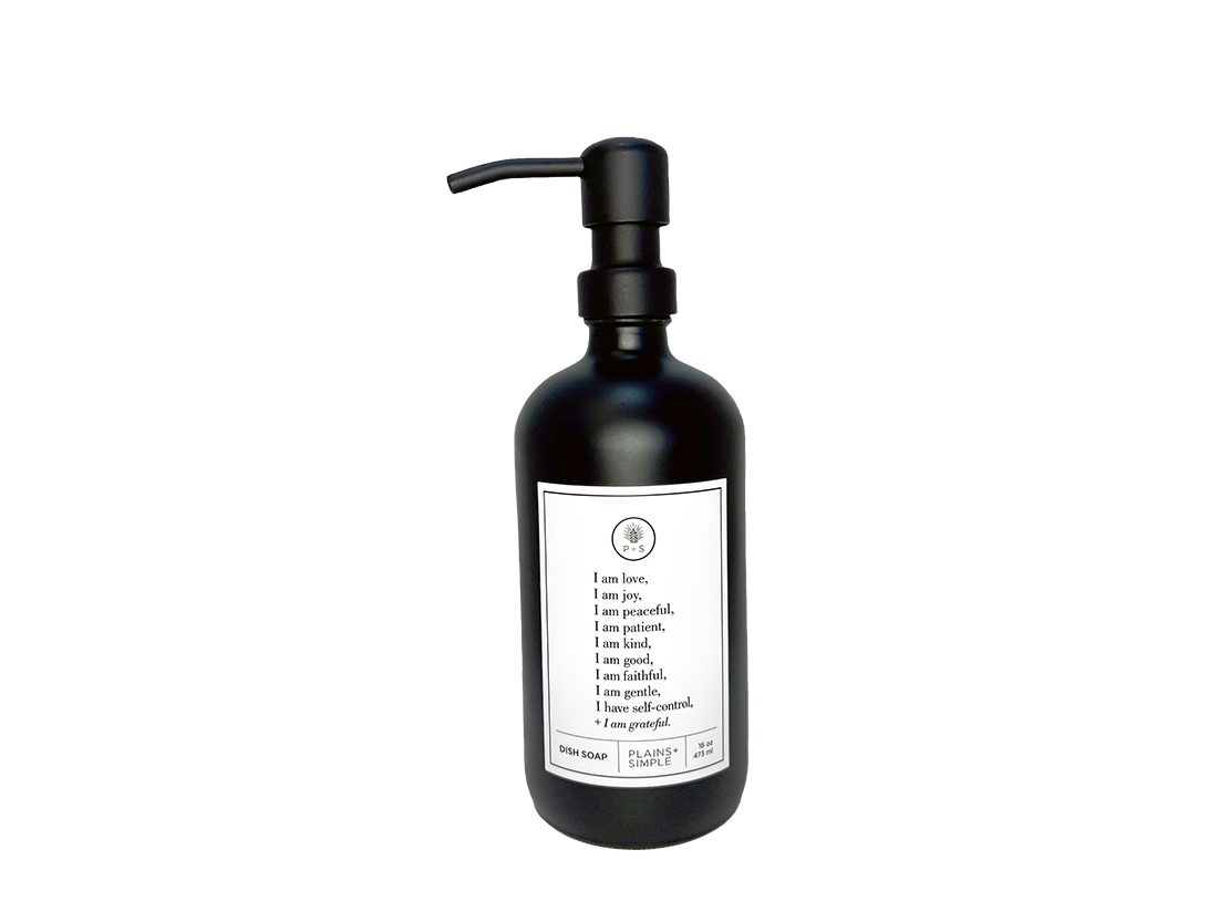 Black glass Fruits of the Spirit dish soap Gratitude Bottle with black pump.