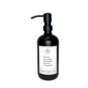 Black glass I am Kind hand soap Gratitude Bottle with black pump.