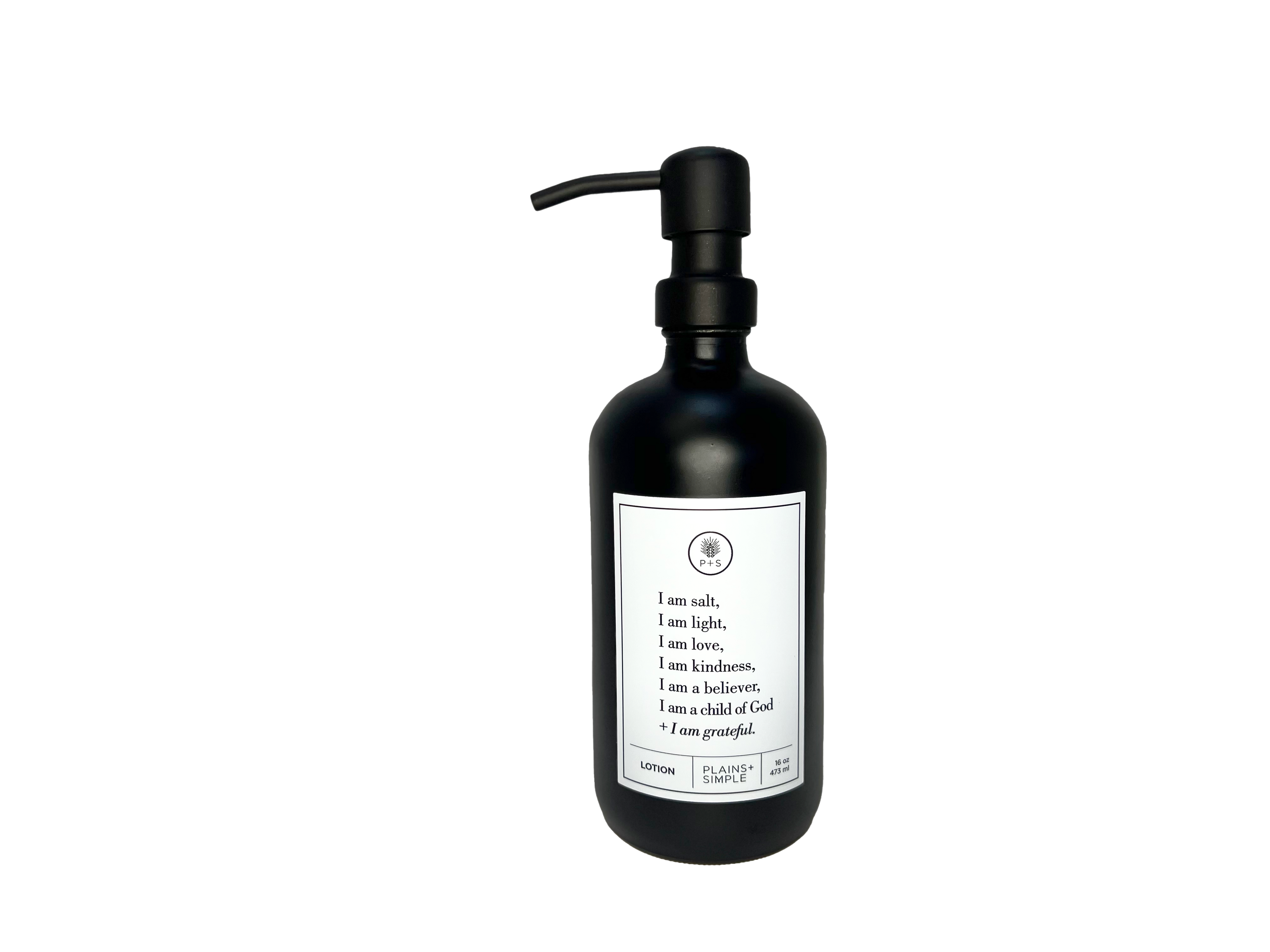 Black glass I am Salt & Light lotion Gratitude Bottle with black pump.