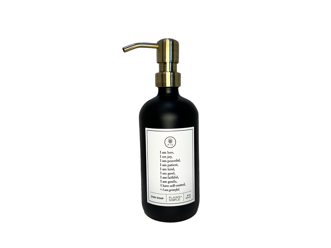 Black glass Fruits of the Spirit dish soap Gratitude Bottle with gold pump.