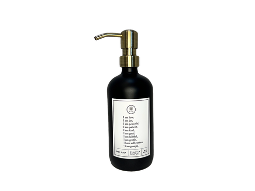 Black glass Fruits of the Spirit dish soap Gratitude Bottle with gold pump.