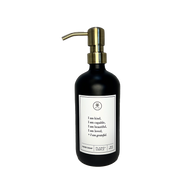 Black glass I am Kind hand soap Gratitude Bottle with gold pump.