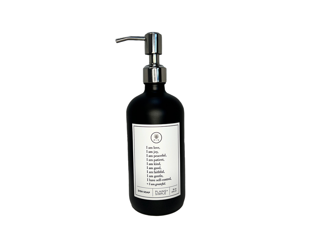 Black glass Fruits of the Spirit dish soap Gratitude Bottle with silver pump.