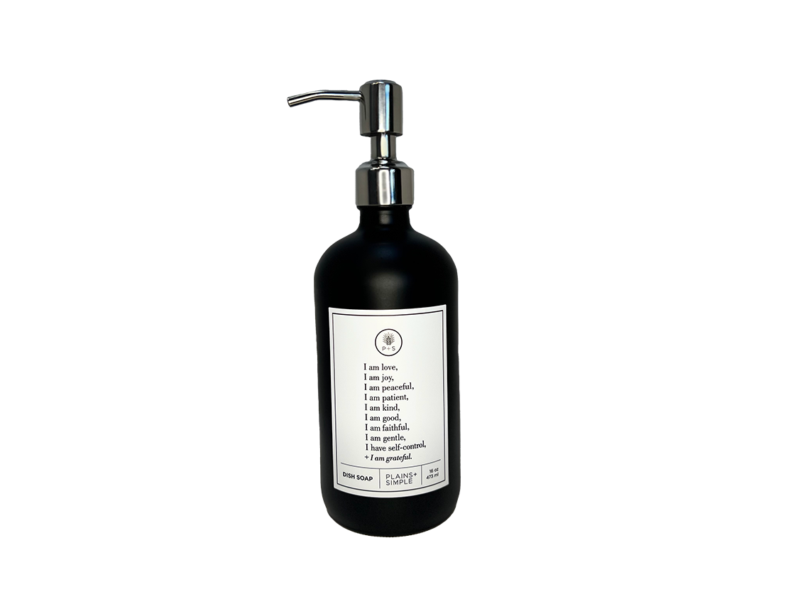Black glass Fruits of the Spirit dish soap Gratitude Bottle with silver pump.