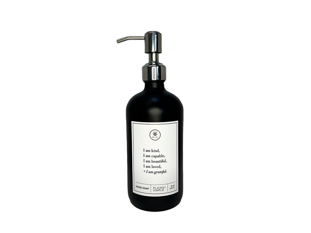Black glass I am Kind hand soap Gratitude Bottle with silver pump