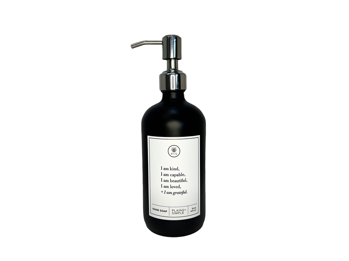 Black glass I am Kind hand soap Gratitude Bottle with silver pump