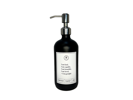 Black glass I am Kind hand soap Gratitude Bottle with silver pump