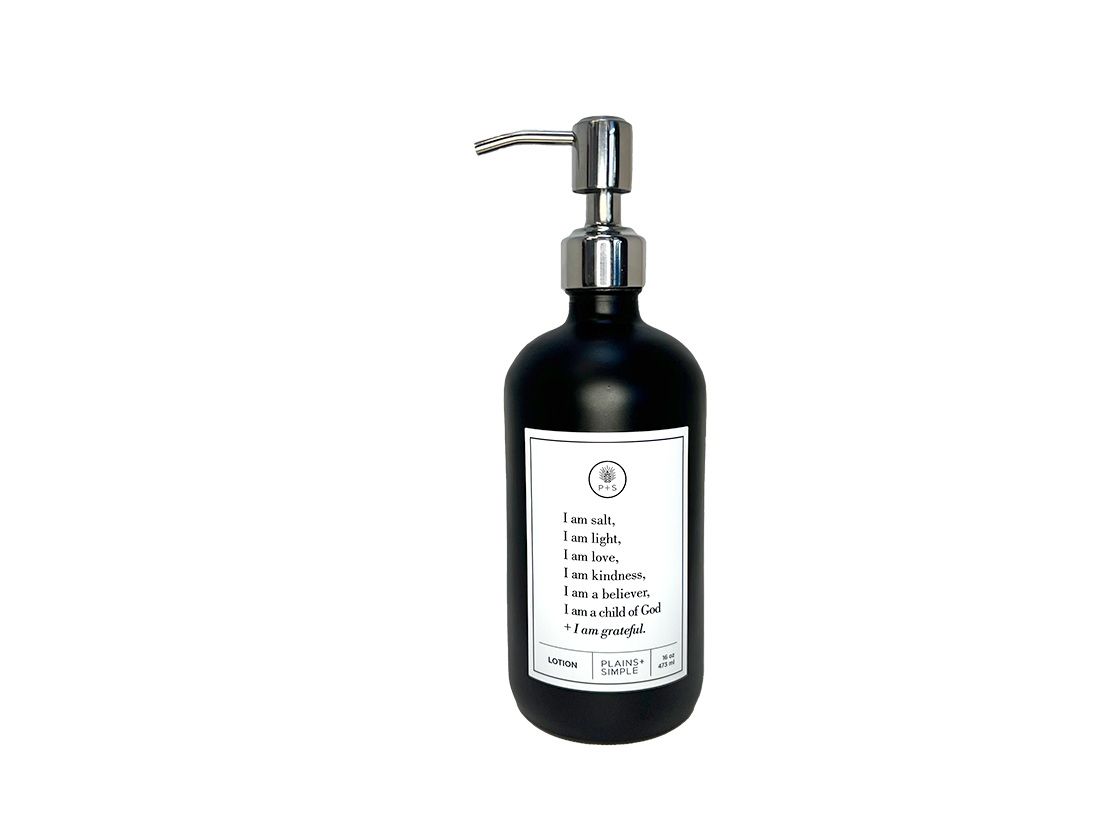 Black glass I am Salt & Light lotion Gratitude Bottle with silver pump.