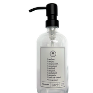 Clear glass Fruits of the Spirit dish soap Gratitude Bottle with black pump.