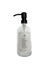 Clear glass Fruits of the Spirit dish soap Gratitude Bottle with black pump.