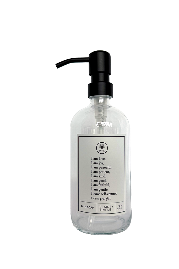 Clear glass Fruits of the Spirit dish soap Gratitude Bottle with black pump.
