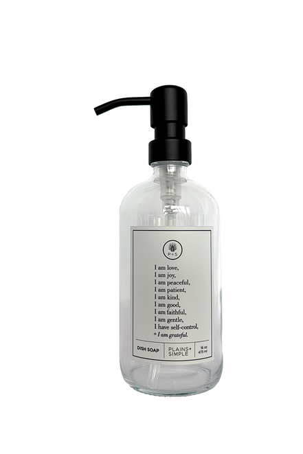 Clear glass Fruits of the Spirit dish soap Gratitude Bottle with black pump.