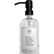 Clear glass I am Kind hand soap Gratitude Bottle with black pump.