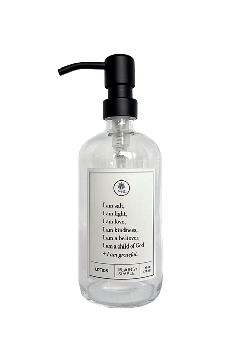 Clear glass I am Salt & Light lotion Gratitude Bottle with black pump.