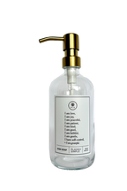 Clear glass Fruits of the Spirit dish soap Gratitude Bottle with gold pump.