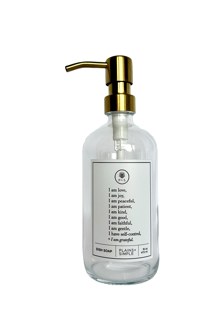 Clear glass Fruits of the Spirit dish soap Gratitude Bottle with gold pump.