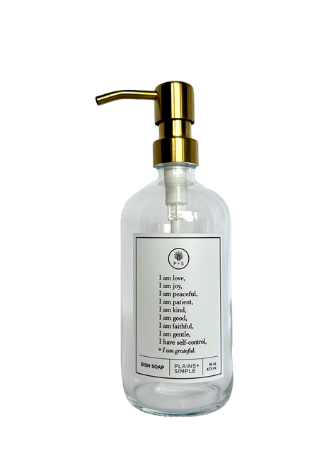 Clear glass Fruits of the Spirit dish soap Gratitude Bottle with gold pump.