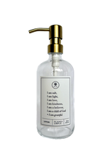 Clear glass I am Salt & Light lotion Gratitude Bottle with gold pump.