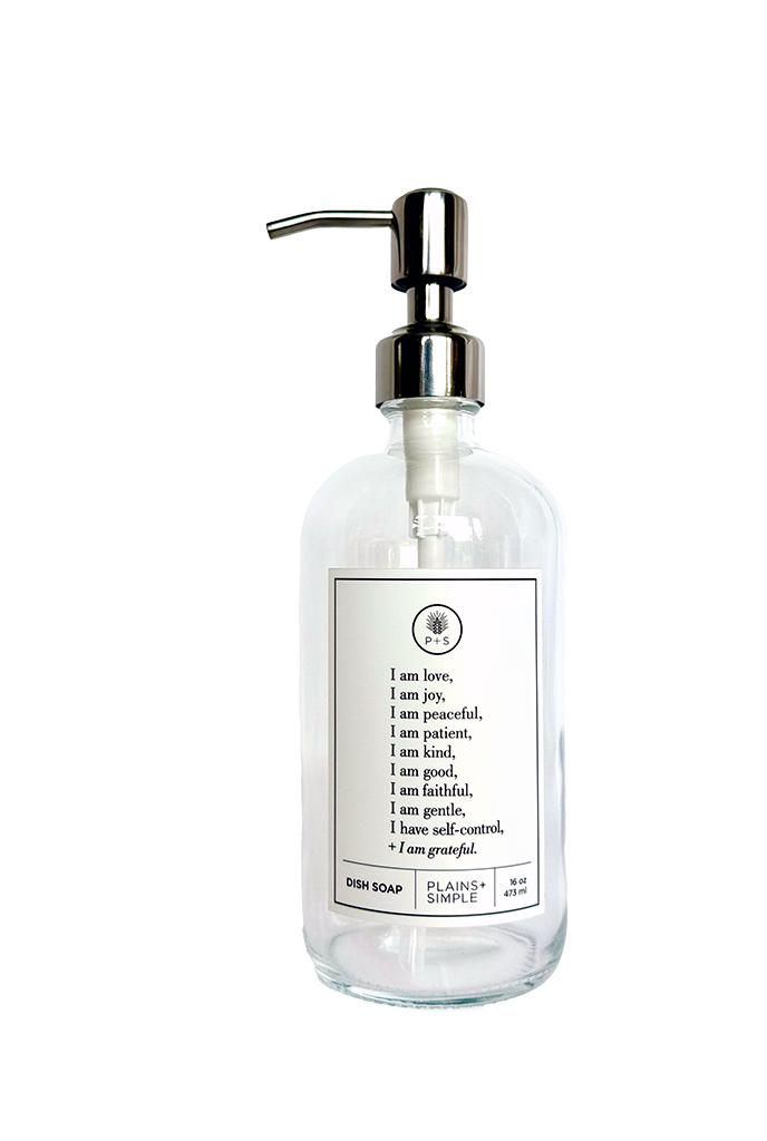 Clear glass Fruits of the Spirit dish soap Gratitude Bottle with silver pump.