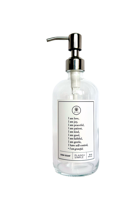Clear glass Fruits of the Spirit dish soap Gratitude Bottle with silver pump.