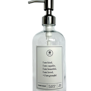 Clear glass I am Kind hand soap Gratitude Bottle with silver pump.