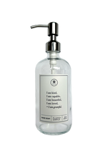 Clear glass I am Kind hand soap Gratitude Bottle with silver pump.