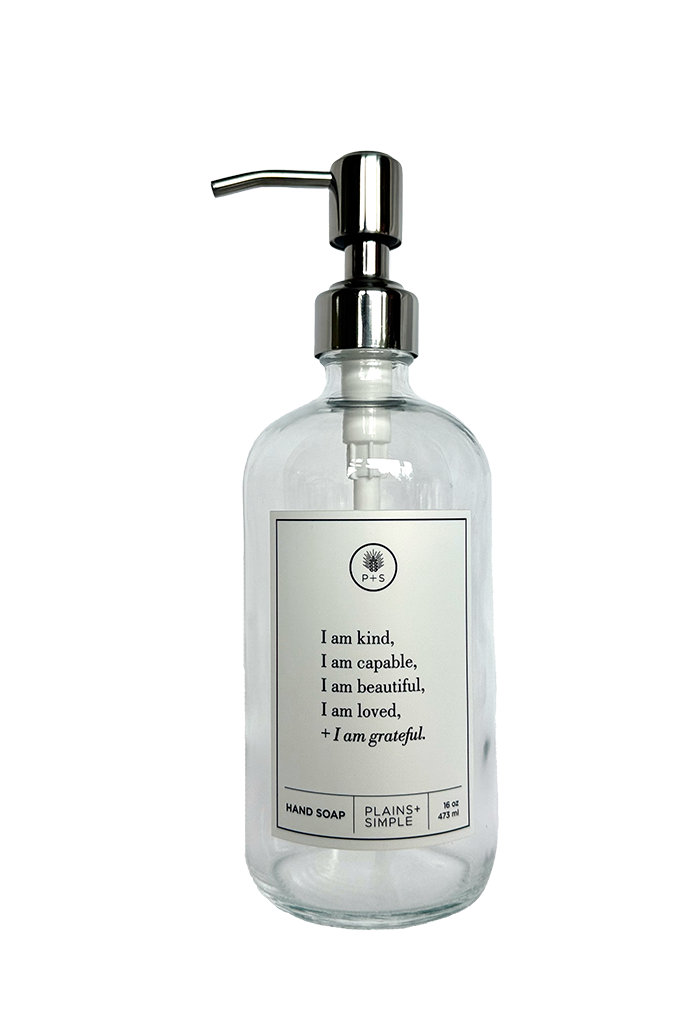 Clear glass I am Kind hand soap Gratitude Bottle with silver pump.